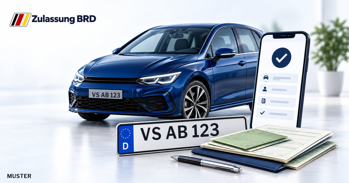 Online Fahrzeugzulassung in Bad Dürrheim: Musterkennzeichen VS AB 123, Auto und Fahrzeugpapiere und Smartphone. Illustration mit Logo von Zulassung BRD.